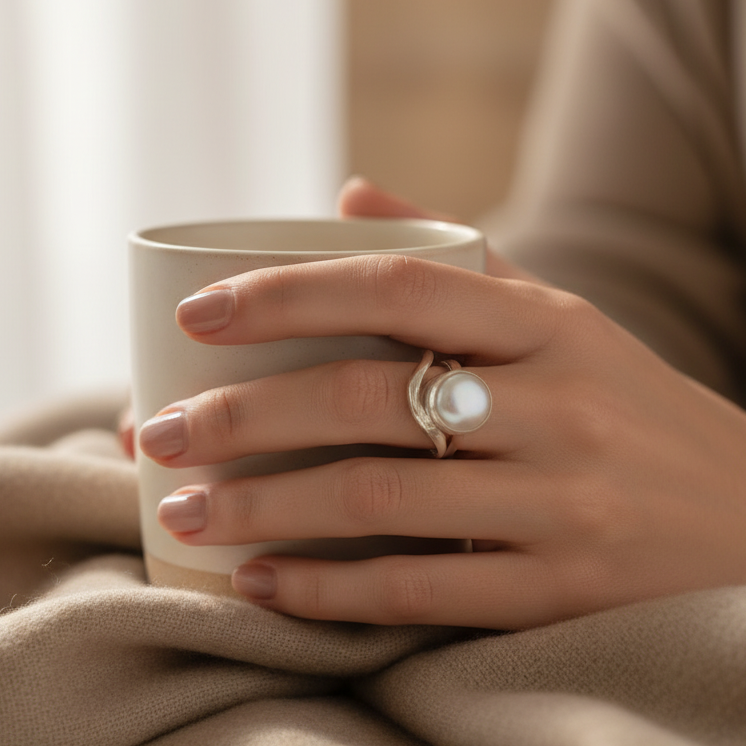 White Pearl Silver Ring