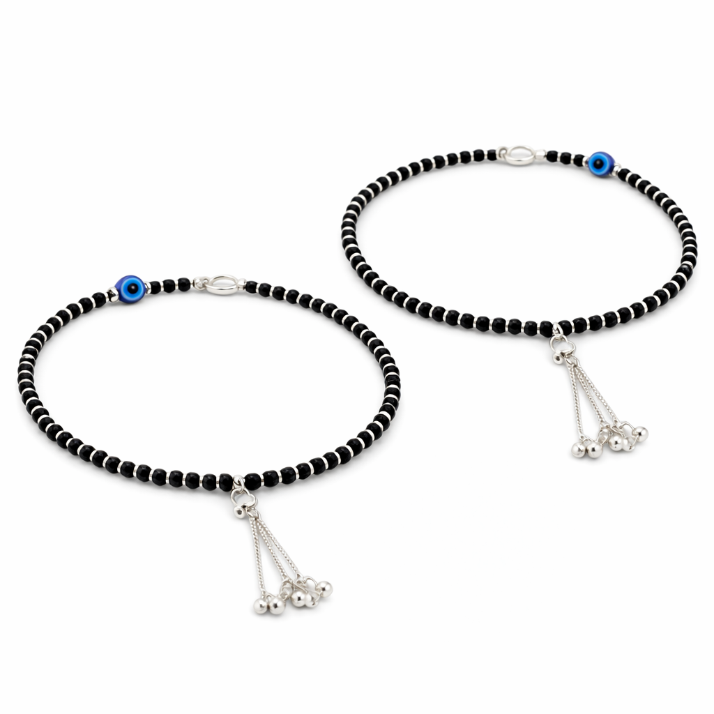 Nazar Minimal Black Bead Silver Anklet
