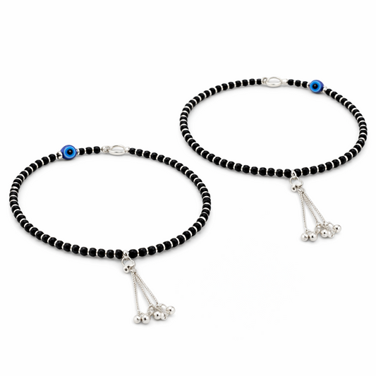 Nazar Minimal Black Bead Silver Anklet
