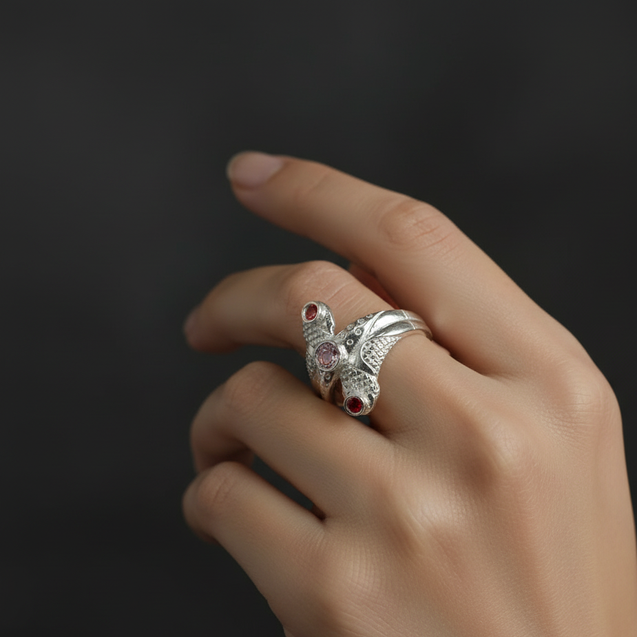 Silver Twin Serpent Gemstone Ring