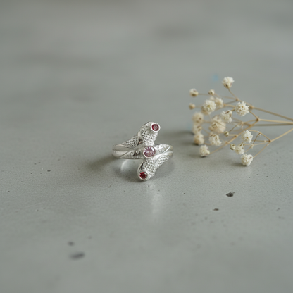 Silver Twin Serpent Gemstone Ring