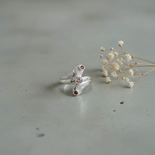 Silver Twin Serpent Gemstone Ring