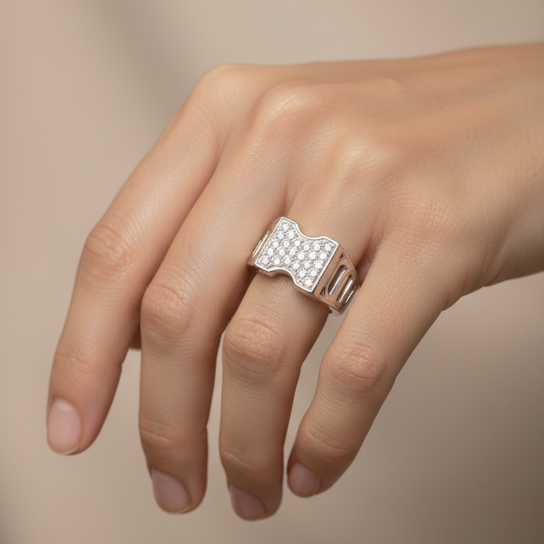 Wide Silver Diamond Ring