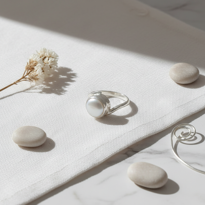 White Pearl Silver Ring