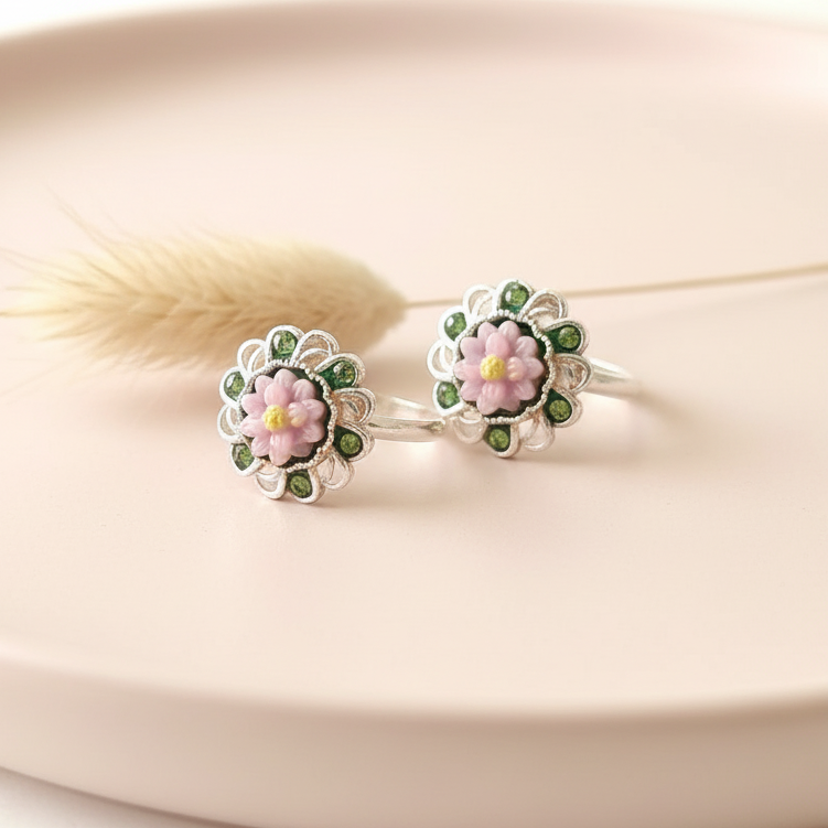 Green Crystal Flower Toe Rings